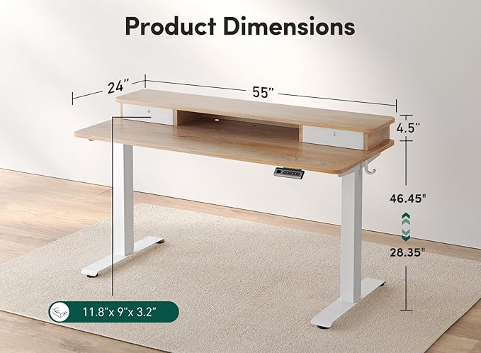 FEZIBO 55 x 24 Inch Height Adjustable Electric Standing Desk with Double Drawer, Computer Desk, Home Office Stand Up Table with 4 Height-Adjustable Feets & 2 Hooks, Maple