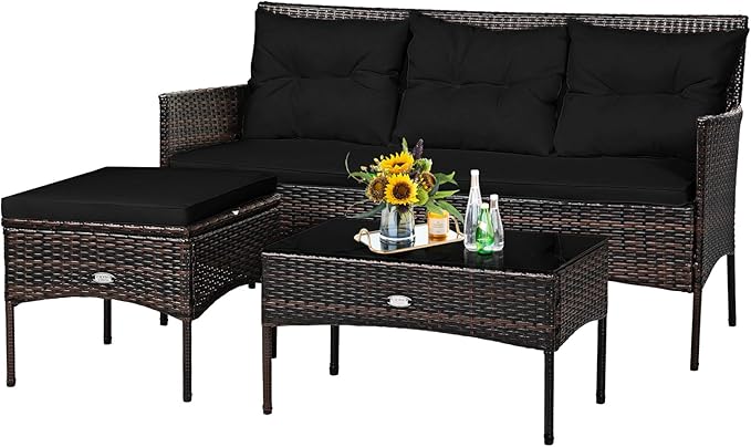Tangkula 3 Pieces Patio Conversation Set, All Weather Outdoor PE Rattan Wicker Furniture Set with Padded Cushions, Tempered Glass Coffee Table, for Poolside, Backyard, Garden