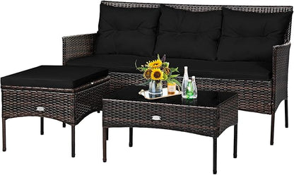 Tangkula 3 Pieces Patio Conversation Set, All Weather Outdoor PE Rattan Wicker Furniture Set with Padded Cushions, Tempered Glass Coffee Table, for Poolside, Backyard, Garden