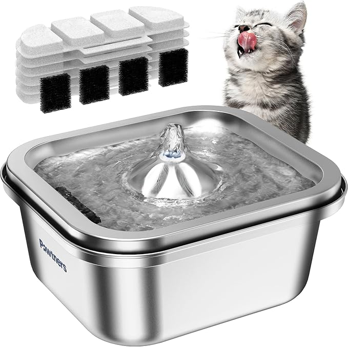 Cat Water Fountain Stainless Steel: 4L/140oz Pet Fountain Water Bowl Indoor, Automatic Dog Drinking Dispenser, Cat Feeding Watering Supplies, Metal Kitty Waterer Fountain, 6 Replacement Filters