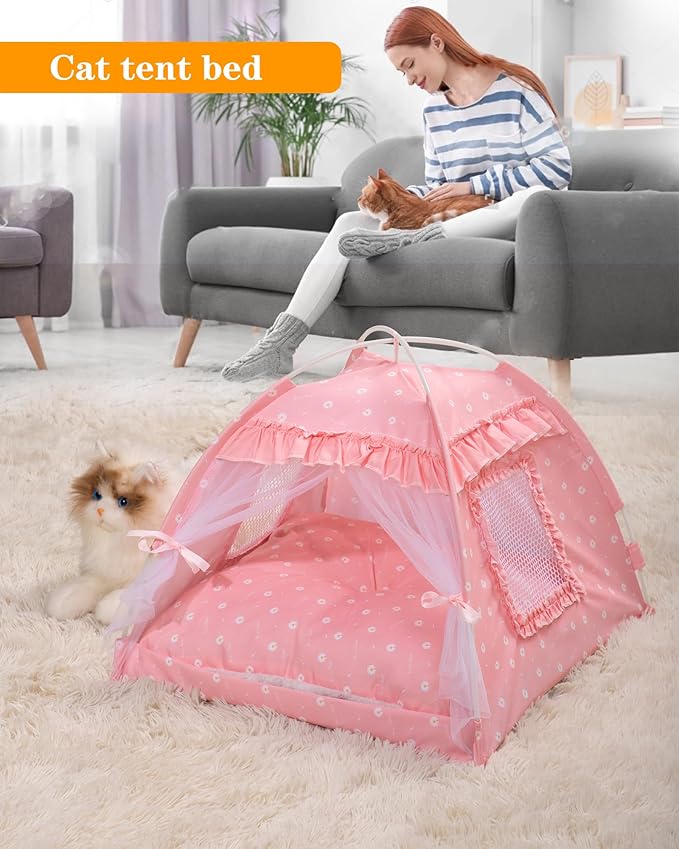 Cat Princess Bed Tent House - Kitty Cute Beds Indoor,Small Dog House Indoor/Outdoor Cave Nest Bed Small Dog Tent for Cat,Puppy Tents (15.7"x15.7"x14.5"/Pink)