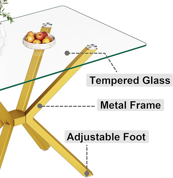 47" Tempered Glass Dining Table for 4, Modern Kitchen Table Rectangle Top, Geometric Metal Leg, for Apartment Dining Room Restaurant (Gold)