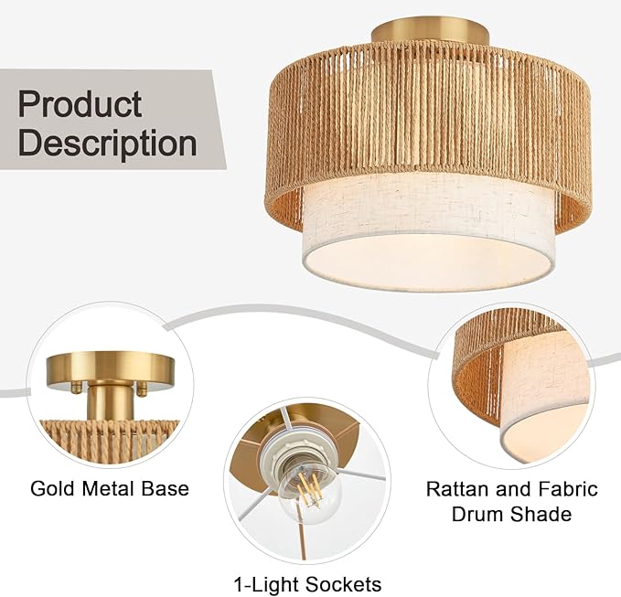 12.6" Drum Flush Mount Ceiling Light Hallway Light Fixtures with Rattan Shade,1-Light Semi Flush Light Fixture Ceiling Mount for Kitchen, Bedroom, Bathroom, Living Room