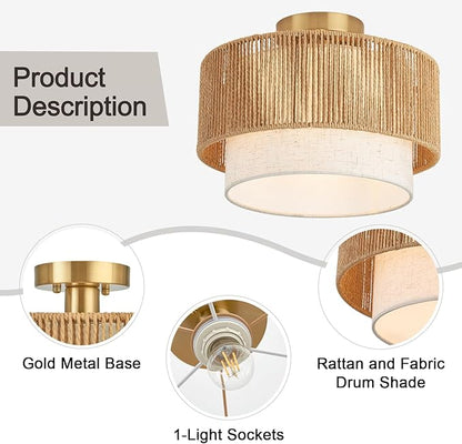 12.6" Drum Flush Mount Ceiling Light Hallway Light Fixtures with Rattan Shade,1-Light Semi Flush Light Fixture Ceiling Mount for Kitchen, Bedroom, Bathroom, Living Room