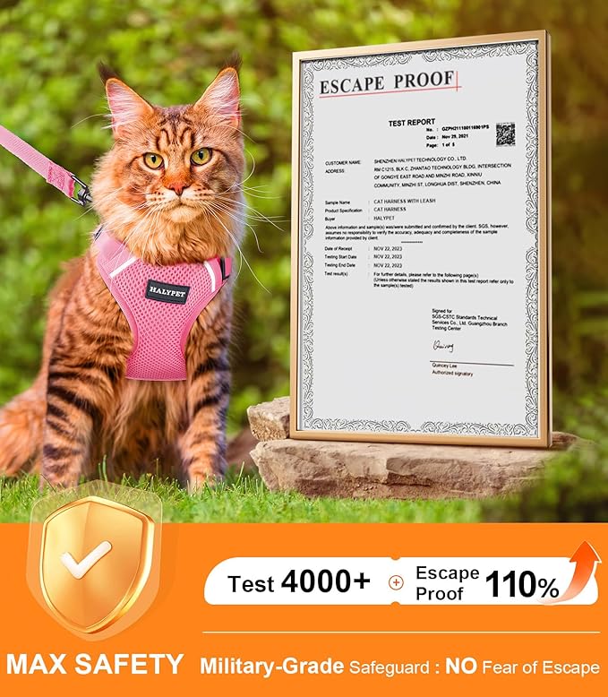 Halypet Cat Harness and Leash Set [ MAX Safety Third Generation ] Escape Proof Soft Adjustable Cat Leash Breathable Comfortable Vest Easy to Wear Kitten Harness for Outdoor Walking
