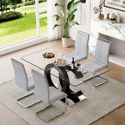 63'' Glass Dining Table Set for 4, Kitchen Table Chairs Set of 4, Clear Glass Dining Table with Black unique design Leg and Silver Metal Base, 4 PU Dining Chairs with Metal Legs, Living Room, Kitchen.