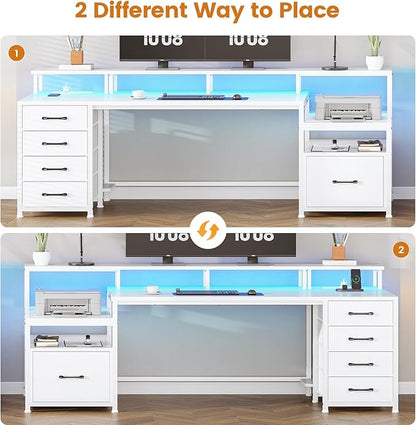SEDETA White Computer Desk with 5 Drawer & Power Outlet, 75'' Home Office Desk with File Drawer, Storage Shelves, Printer Cabinet and Monitor Shelf, Gaming Desk with Led Lights, 23.6" W Desktop