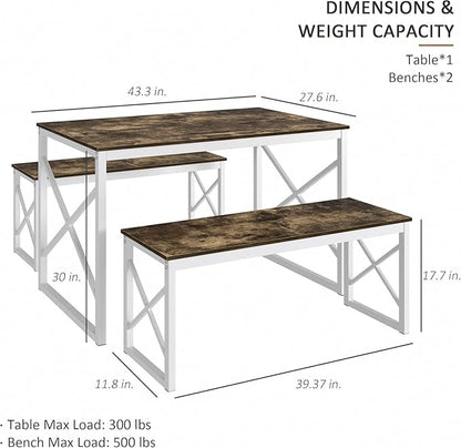 VECELO Kitchen Dining Table Benches Set for 4, 43.3" Wooden Dinette with 2 Benches, Heavy-Duty Dining Room Table for Small Space, Breakfast Nook, Dark Brown