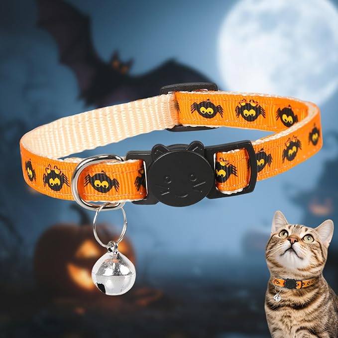 Halloween Cat Collar with Bell, Adjustable Comfortable Kitten Halloween Collar Breakaway, Spider Patterns Safety Holiday Cat Collars for Boys Girls,Kitten,Puppy Orange (7.5"-12.5")