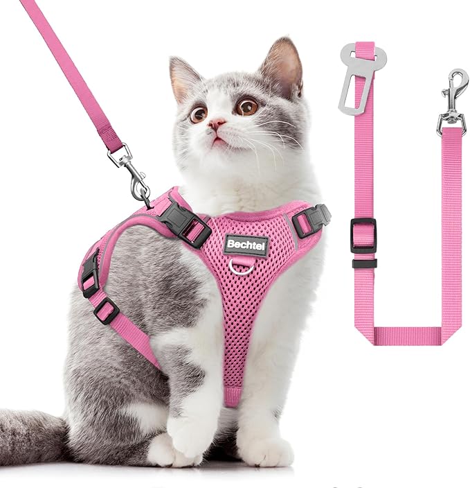 Cat Harness and Leash for Walking, The Upgrade Can be Adjusted in Four Directions and Breathable Cat Harness for Anti Escape That can be Fitted and Positioned, Reflective Strips Harness, Pink, XS