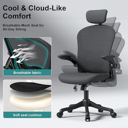 Mesh Office Chair with Adjustable Lumbar Support and Headrest, Ergonomic High Back Task Chair for Home Office, Flip-Up Arms 90-120° Tilt Lock Rolling Swivel Work Chairs(Black6065)