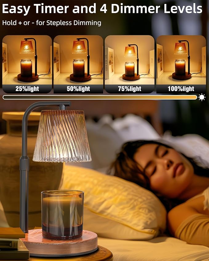 Candle Warmer Lamp with Timer Dimmable - Adjustable Electric Wax Melt Warmer Scented Large Jar Candles Lights, House Warming Birthday Gifts for Women, Glass Vintage New Home Living Room Decor, Brown