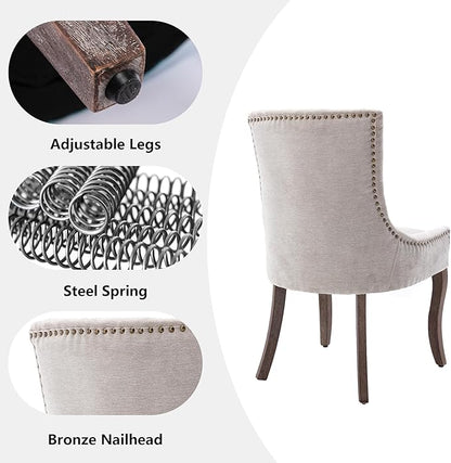 Farmhouse Dining Chairs Set of 4, Upholstered Fabric Dining Room Accent Chairs with Wood Legs & Bronze Nailhead, High Wingback Kitchen Chairs for Living Room Hotel Apartment, Beige
