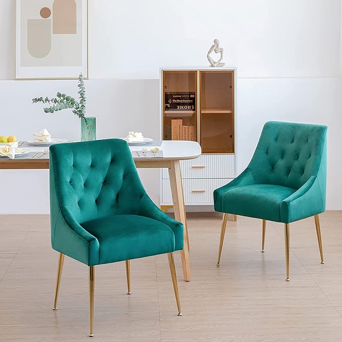 Modern Dining Chairs Set of 6, Mid Century Velvet Upholstered Chairs with 5.12' Cushions, Golden Legs and Back Pull Rod, for Kitchen, Living Room (Green)