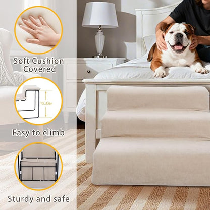 Dog Steps with Beside Pet Bed Set for Bed Window Sofa Dog Window Perch with Stairs for Small Pets Pet Steps and Window Perch with Sturdy Metal Frame and Soft Cushion for Small Dogs (with Pet Bed)