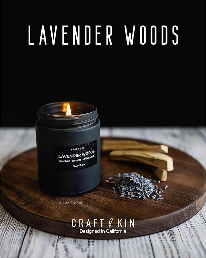 Craft & Kin Premium Lavender Woods Candle | Black Christmas Scented Candles for Men | Long Lasting with 45 Hour Burn Time, 7.6oz | Soy Holiday Candle | Aromatherapy at Home | Gifts for Men