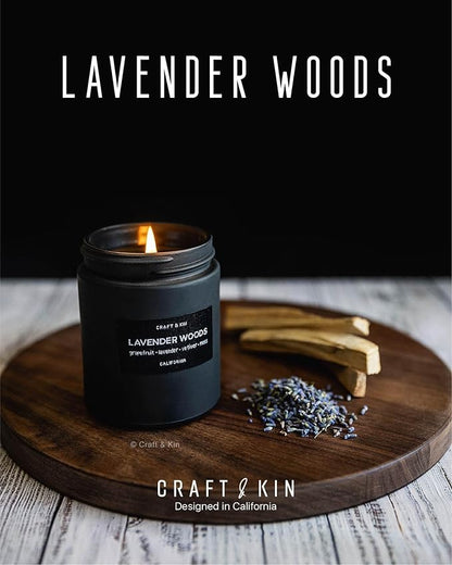 Craft & Kin Premium Lavender Woods Candle | Black Christmas Scented Candles for Men | Long Lasting with 45 Hour Burn Time, 7.6oz | Soy Holiday Candle | Aromatherapy at Home | Gifts for Men
