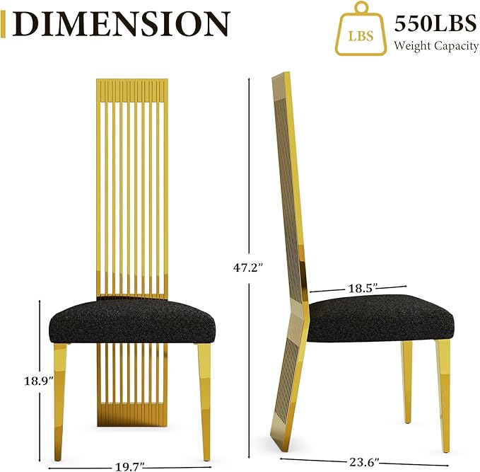 Dining Chairs Set of 2, Black and Gold Dining Room Chairs, Upholstered Dining Chairs with Polished Metal Legs and High Back