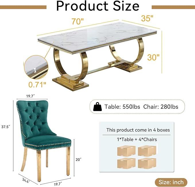 Goujxcy 5 Piece Marble Dining Table Set for 4, Luxury White Marble Gold Kitchen Table with 4 Green Velvet Upholstered Chairs, Modern 4 Person Dining Room Table Set for Kicken Dining Office Room