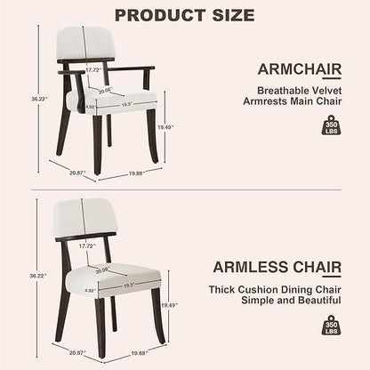 Modern Wood Dining Chairs Set of 6, Velvet Upholstered Kitchen Chairs with Open Curved Backrest & Black Hardwood Legs for Vanity, Living Room, 350 LBS Capacity, White