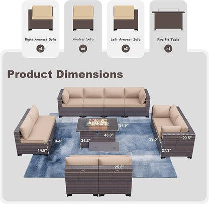 Kurapika 11 Pieces Patio Furniture Set, Rattan Wicker Outdoor Conversation Sets w/43in Propane Fire Pit Table and 4 Inch Cushion(Sand)