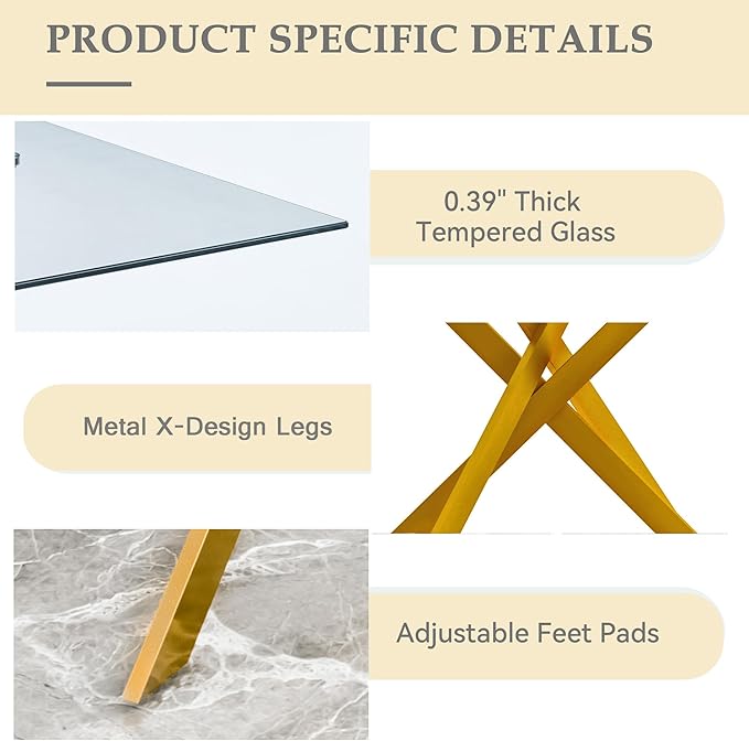 51'' Gold Glass Dining Table Set for 4,5 Piece Kitchen Table and Chairs Set with Metal Legs and 4 PU Leather Dining Chairs for Kitchen Room Small Spaces
