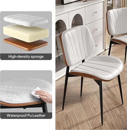 Dining Chairs Set of 2, Mid Century Modern Dining Room Chair, Upholstered Faux Leather Kitchen Chairs with Walnut Bentwood Back and Metal Legs for Kitchen Dining Room Living Room, White