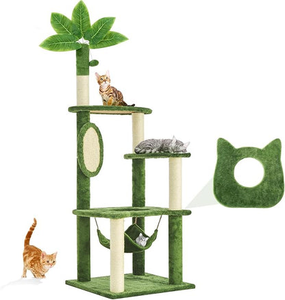 61" Cat Tree for with Green Leaves, Multi-Level Large Cat Tower with Hammock, Plush Cat House with Hang Ball Toy and Sisal Scratching Posts Furniture, Green
