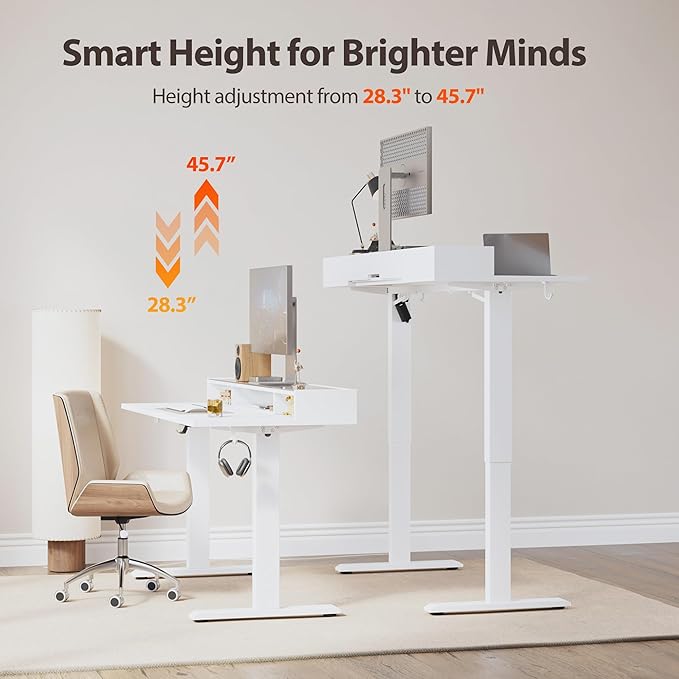Agilestic Glass Standing Desk with Storage, 48 Inch Electric Adjustable Desk with Glass Shelf, Sit Stand Up Home Office Computer Table, Splice Board, White