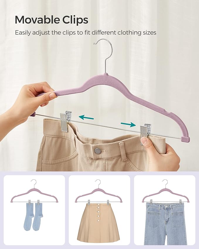 SONGMICS 30-Pack Pants Hangers, 16.7-Inch Long Velvet Hangers with Adjustable Clips, Heavy-Duty, Non-Slip Skirt Hangers, Space-Saving for Pants, Skirts, Coats, Dresses, Pale Purple UCRF012GP30