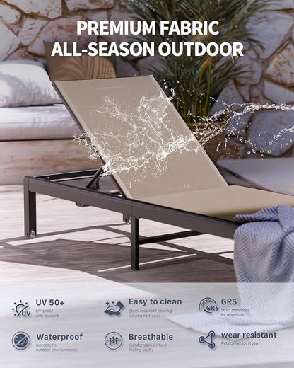 Aluminum Lounge Chairs Outdoor Chaise Furniture,2 Sets Patio Metal Deck Lounger Adjustable 5-Position Poolside Chase Recliner with Wheels for Beach,Coffee Table, (Khaki, 2 Chairs)