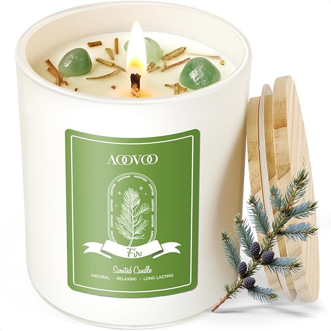 AOOVOO Fir Scented Candles for Women - Aromatherapy Candle with Crystals Inside, 10oz Soy Candles for Home Scented, Birthday Gifts Christmas Candle for Women Mom