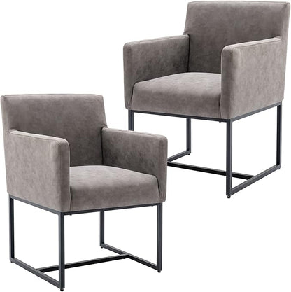 Set of 2 Upholstered Dining Chairs with Armrest, PU Leather Modern Accent Armchairs, Kitchen & Dining Room Chairs Side Chairs, Grey