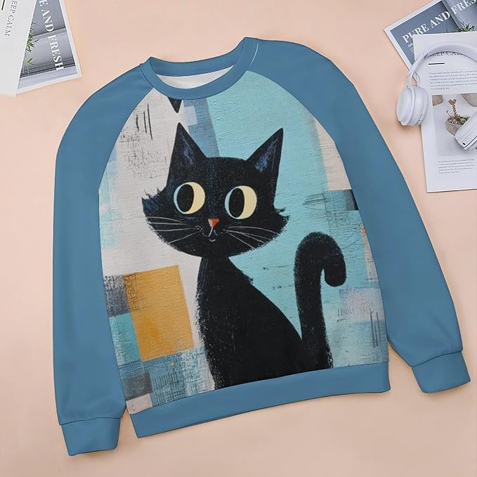 Abstract Cute Cat Shirts for Women Long Sleeve Lady Crewneck Pullover Sweatshirt Fall Winter Oversized Tops