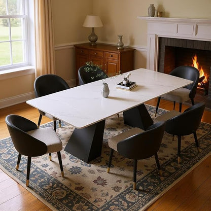 62.9" to 94" Modern Sintered Stone Luxury Rectangular Dining Table for 6-8 People, White Top with Black Base, Contemporary Style for Living Room