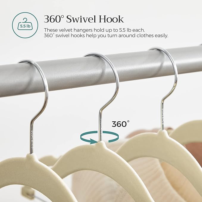 SONGMICS 30-Pack Pants Hangers, 16.7-Inch Long Velvet Hangers with Adjustable Clips, Heavy-Duty, Non-Slip Skirt Hangers, Space-Saving for Pants, Skirts, Coats, Dresses, Sandy Beige UCRF012M30