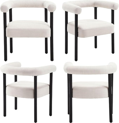 Mid-Century Modern Dining Chairs Set of 6, Armrest Barrel Dining Chairs Side Accent Chairs with Curved Back, Upholstered Wood Armchairs for Kitchen, Linen Beige