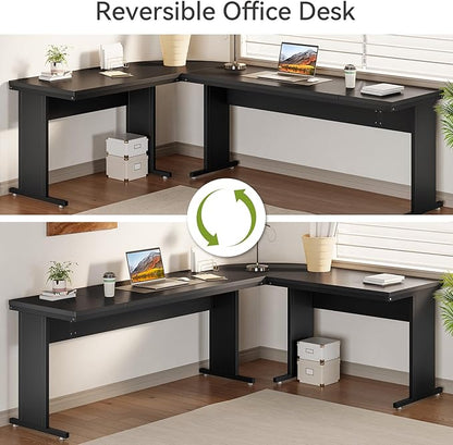 LITTLE TREE 82.67" Long Executive Desk Large L-Shaped Computer Office Desk with 3-Drawer Mobile File Cabinet, Industrial Business Furniture Desk Workstation for Home Office, Black