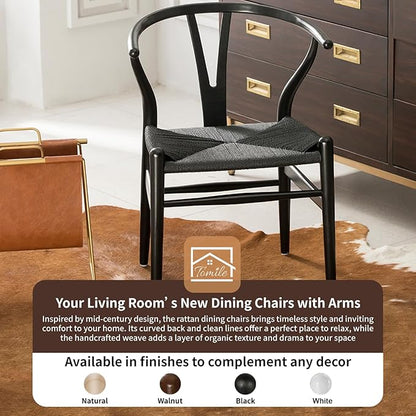 Tomile Wishbone Chair Y Chair, Wooden Dining Chairs, Mid Century Modern Chairs with Arms, Solid Wood Weave Seat Kitchen & Dining Room Chairs (Ash Wood - Black)