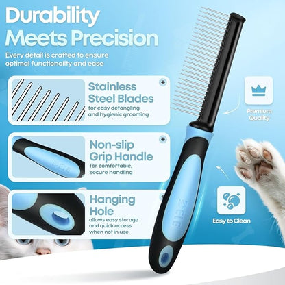 Flexzion Metal Pet Comb for Cats & Dogs - Sturdy Stainless Steel Rounded Teeth with Non-Slip Soft Grip Handle Easy to Use Grooming Detangling Cat Combs for Indoor Cats, Blue