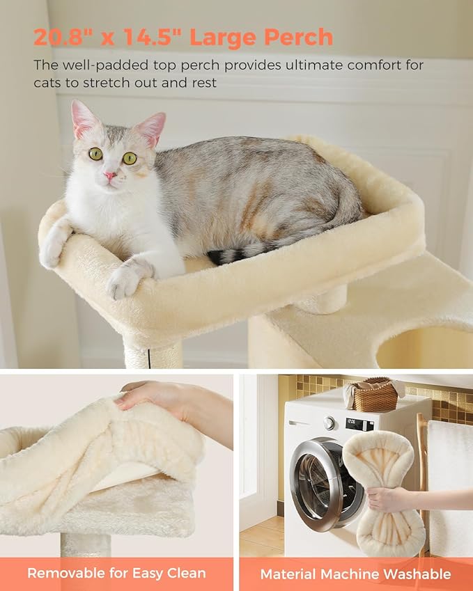 XL Cat Tree 44" Cat Tower for Large Cats 20 lbs+, 2 Spacious Caves with 3.4" Thickened Scratching Post, Large Top Perch, 2 Interactive Toys, Beige