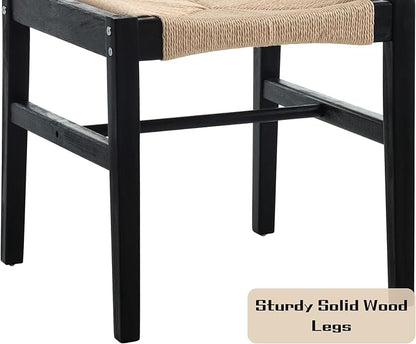 Modern Rattan Dining Chairs Set of 2, Boho Cane Farmhouse Chair, Black Wood Legs Dining Chairs with Open Back, Armless with Natural Weave 2.5 Inches Seat Kitchen Chairs for Living Room