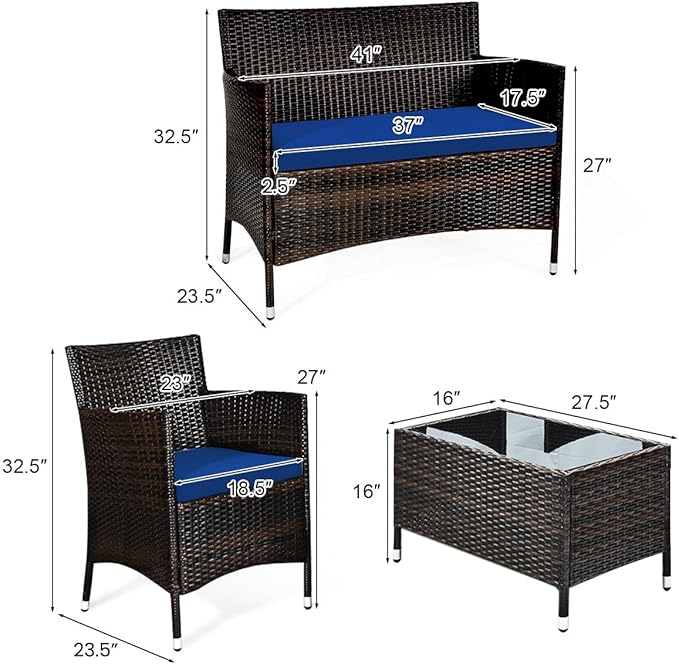 Tangkula 8 PCS Patio Rattan Conversation Set, Outdoor Wicker Furniture Set with Tempered Glass Coffee Table &Thick Cushion, Rattan Chair Wicker Set for Garden, Lawn, Poolside and Backyard (2, Navy)