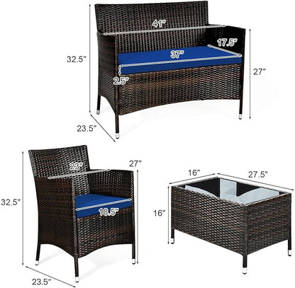 Tangkula 8 PCS Patio Rattan Conversation Set, Outdoor Wicker Furniture Set with Tempered Glass Coffee Table &Thick Cushion, Rattan Chair Wicker Set for Garden, Lawn, Poolside and Backyard (2, Navy)