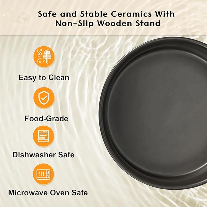 SPUNKYJUNKY Ceramic Elevated Dog Bowls 2 Pack - 6.1inch Raised Dog Bowls with Non-Slip Wooden Stand for Medium Dogs Dishwasher Safe(Black,28.7OZ*2)