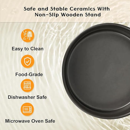 SPUNKYJUNKY Ceramic Elevated Dog Bowls 2 Pack - 6.1inch Raised Dog Bowls with Non-Slip Wooden Stand for Medium Dogs Dishwasher Safe(Black,28.7OZ*2)