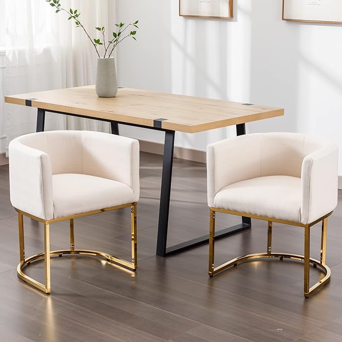 Linen Fabric Dining Chairs Set of 2 Modern Barrel Arm Chairs with Golden Frame, Upholstered Kitchen Chairs 18.5" Wide Accent Chairs for Living Room Dining Room Restaurant, Cream