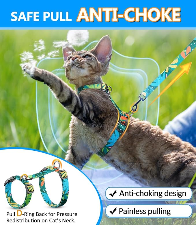 Halypet Cat Harness and Leash Set, Escape Proof [3 in 1 Adjustable & Lightweight] Cat Harness, Soft Comfortable Kitten Harness for Large Cats Safe, Easy to Wear (Hawaii Green, Medium)
