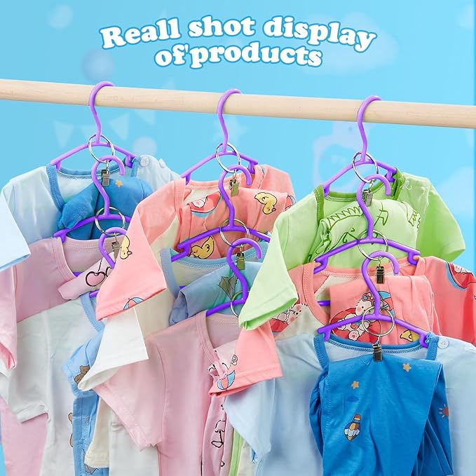 Baby Hangers with Metal Ring Clips, Children Plastic Hanger for Kids Pants Clothes Closet, 20 Pack, Purple