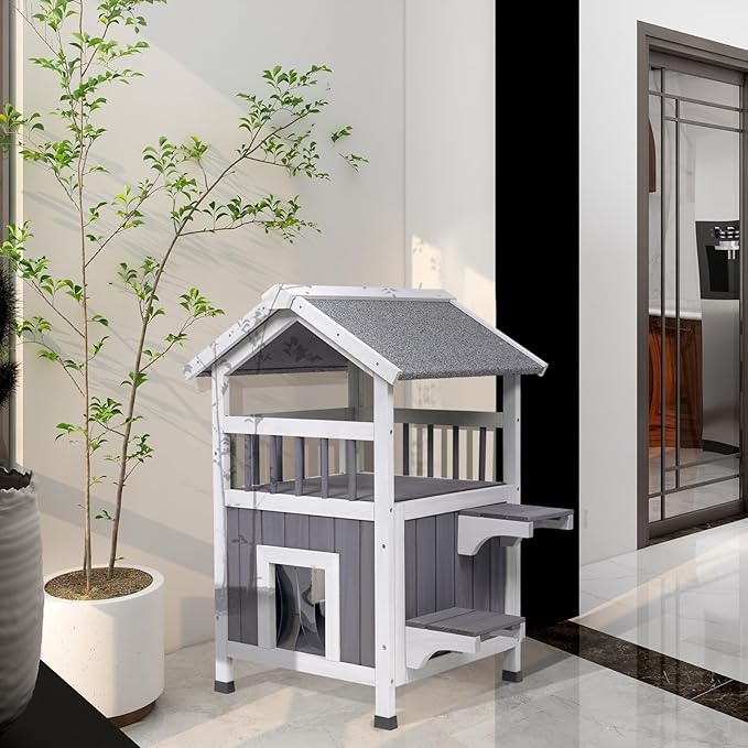 GEGURI Outdoor Cat House Weatherproof, Wooden Two-Story Feral Cat Shelter with, Escape Door, Balcony